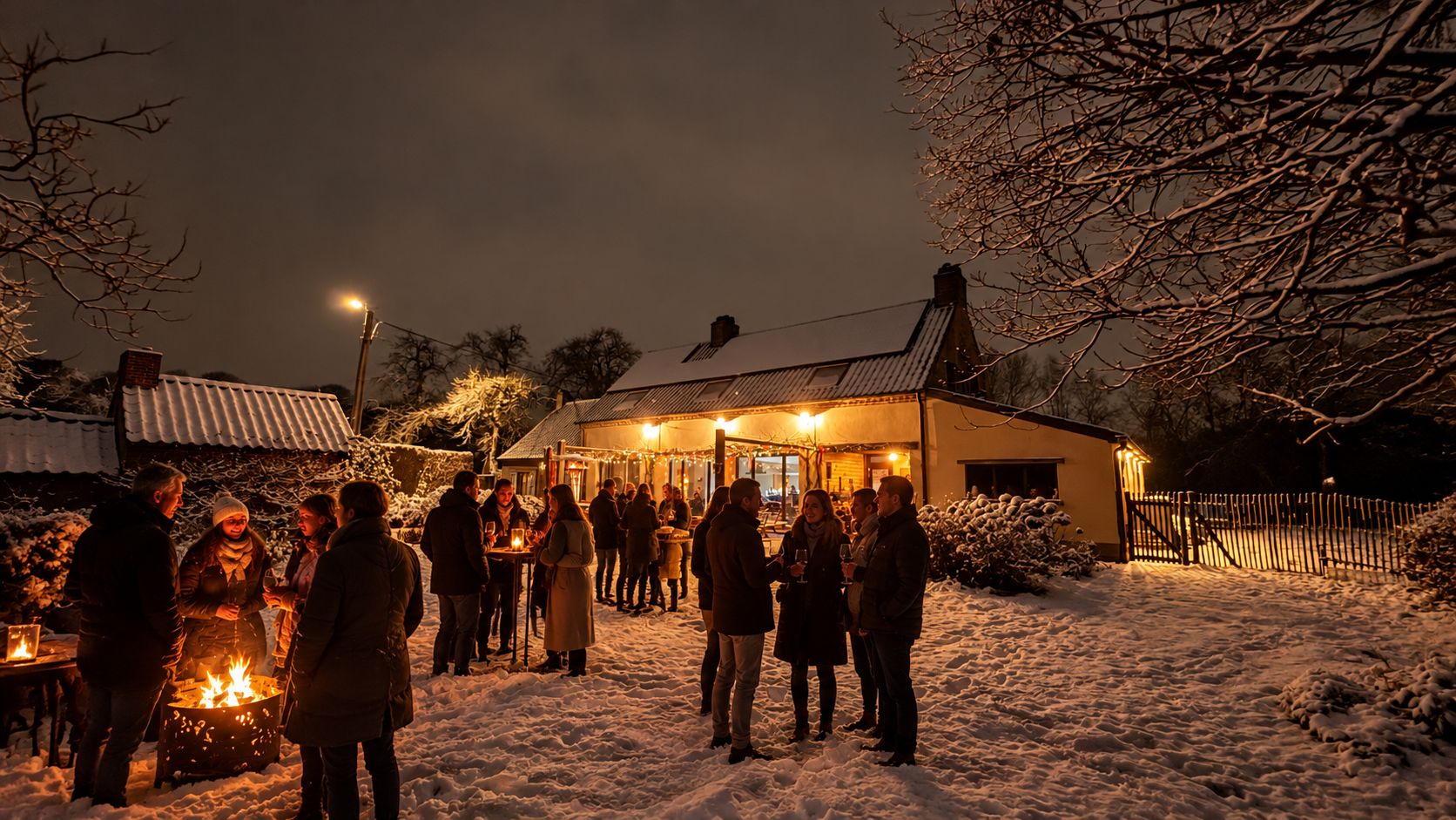 Vrienden met een glas rond de vuurkorf in onze besneeuwde tuin, het huis verlicht op de achtergrond