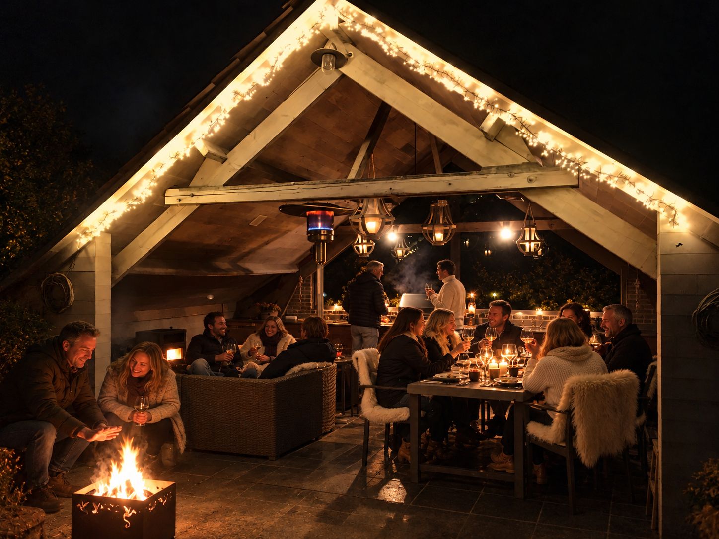 Vrienden aan tafel en rond de vuurkorf in het verlichte tuinhuis